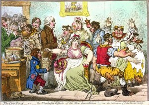 Caricature by the English artist James Gillray: The Cow-Pock or the Wonderful Effects of the New Inoculation! (1802). The word 'vaccination' comes from the Latin 'vaccha' for cow. Jenner's treatment did not use the live smallpox virus but the virus from the milder cow pox which also produced immunity in humans.